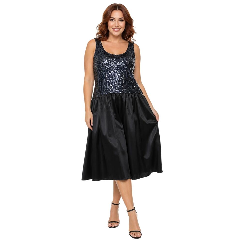 Blue Tassel Sleeveless Sequined Midi Dress Navy Blue Black Medium
